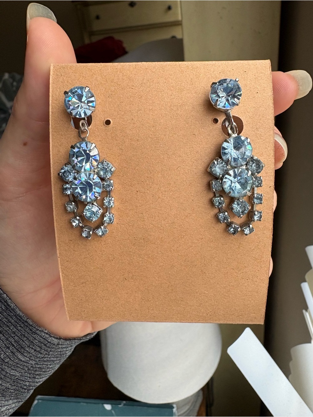 Vintage Light Blue Crystal Drop Earrings - Screw On/Clip On Style